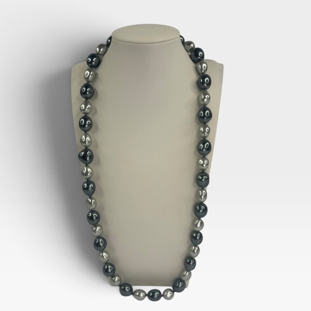 Blue Grey & Silver Baroque Faux Pearl Glass Hand Knotted Long Beaded Necklace